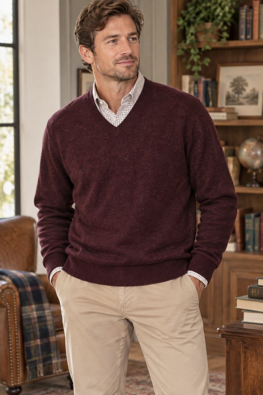 American Blue Men’s Himalayan Yak Wool V-Neck Sweater Large Burgundy